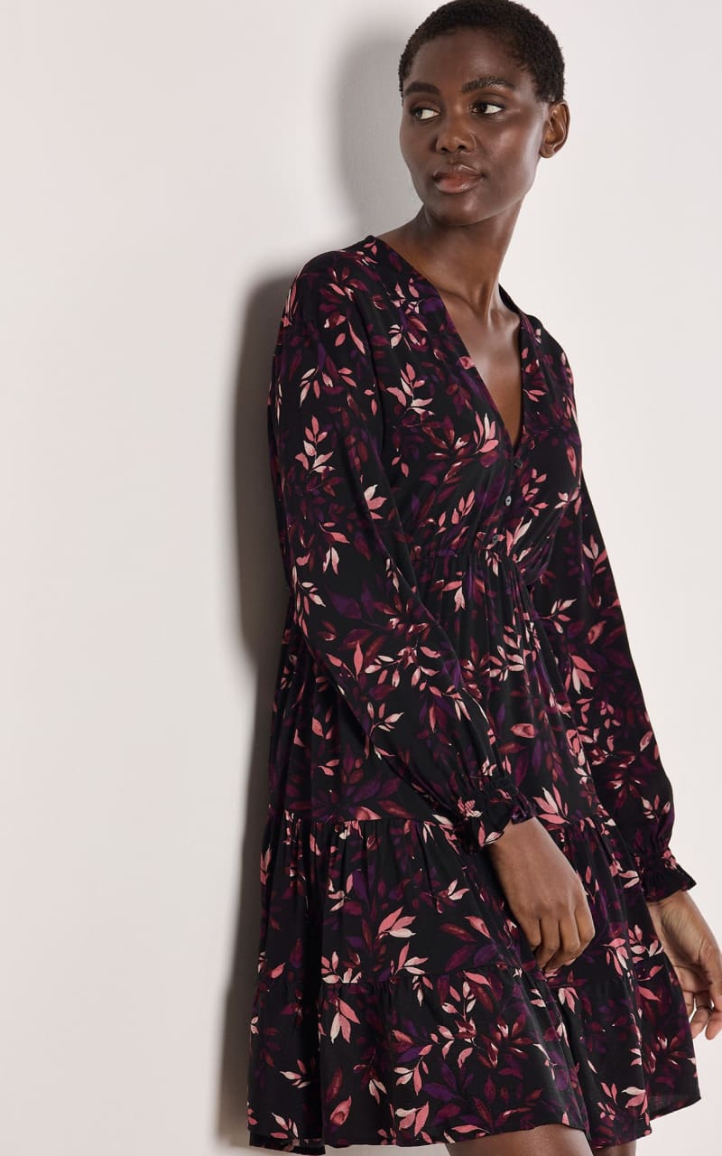 Apricot - Trailing Leaves Tier Button Dress in Burgundy