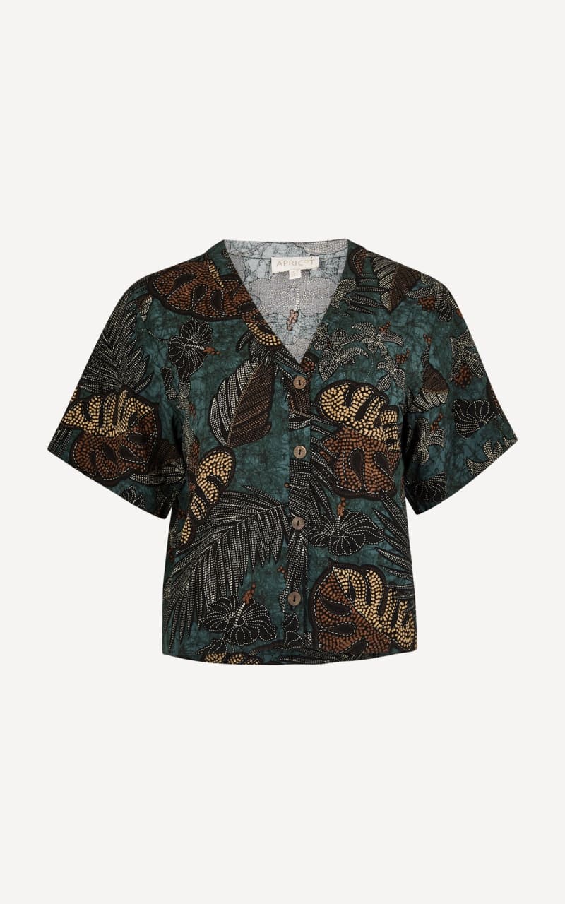 Apricot- Tropical Leaf Print Blouse in Green - Blouses &