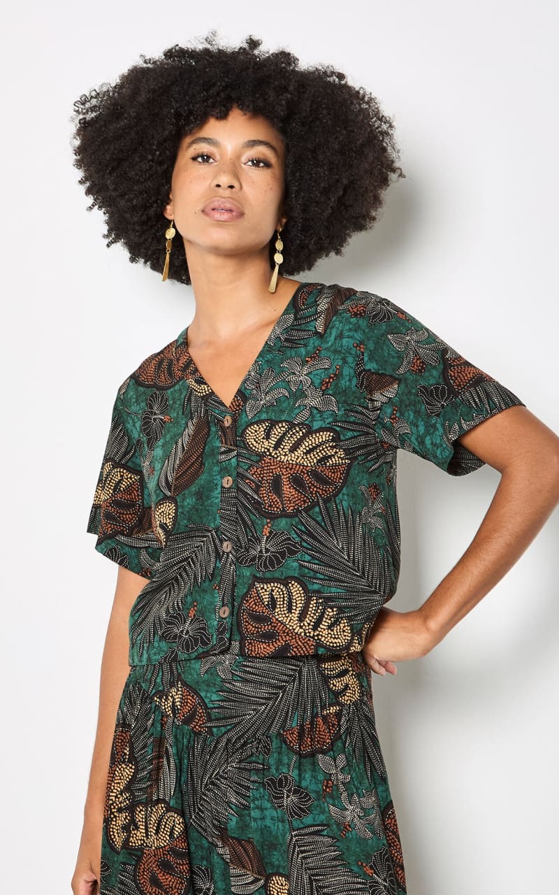 Apricot- Tropical Leaf Print Blouse in Green - Blouses &