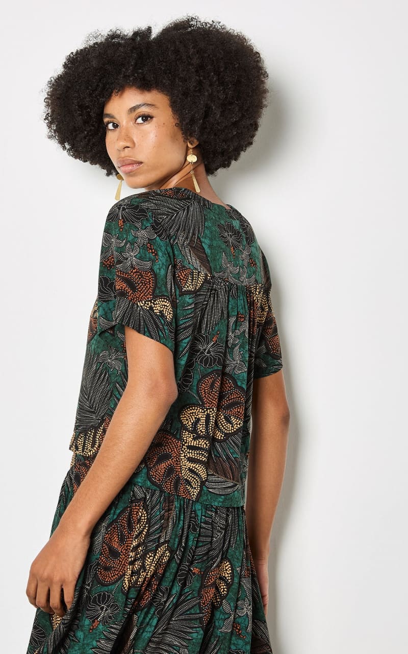 Apricot- Tropical Leaf Print Blouse in Green - Blouses &