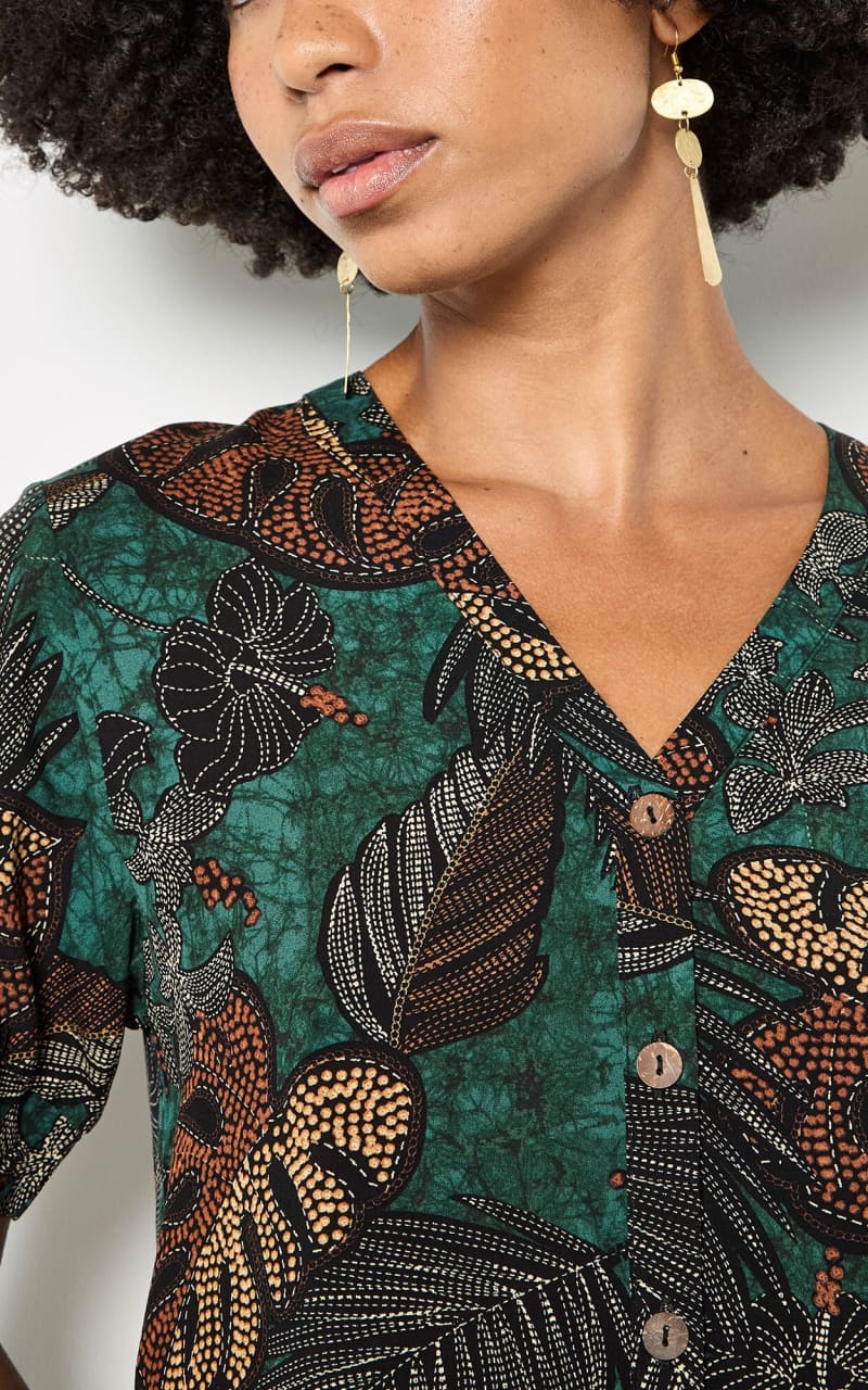 Apricot- Tropical Leaf Print Blouse in Green - Blouses &