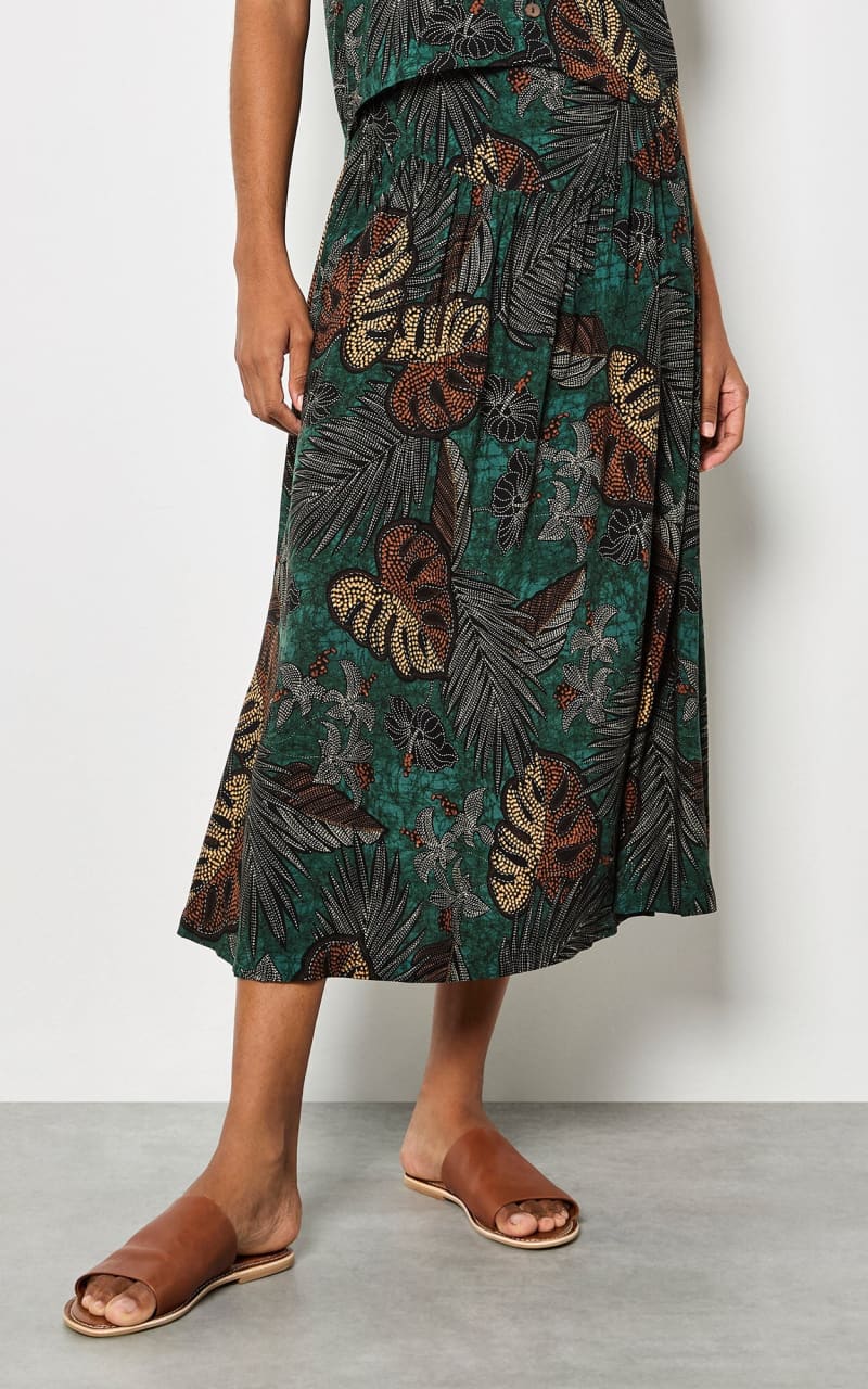 Apricot- Tropical Leaf Print A-Line Midi Skirt in Green