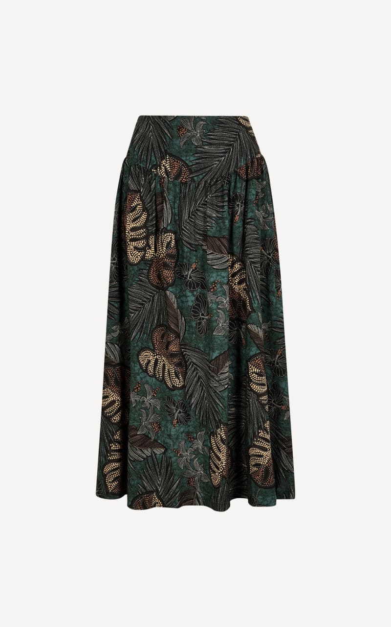 Apricot- Tropical Leaf Print A-Line Midi Skirt in Green