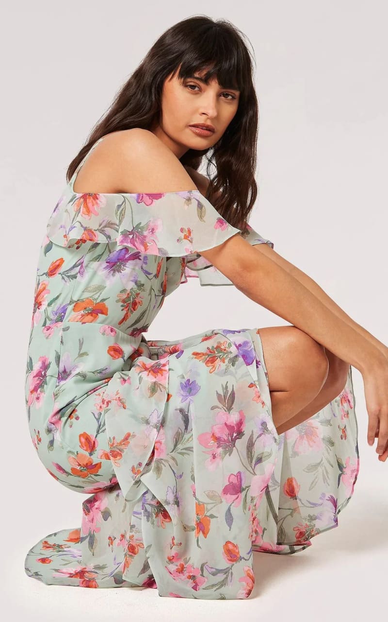 Apricot - Watercolour Floral Off Shoulder Gown Dresses