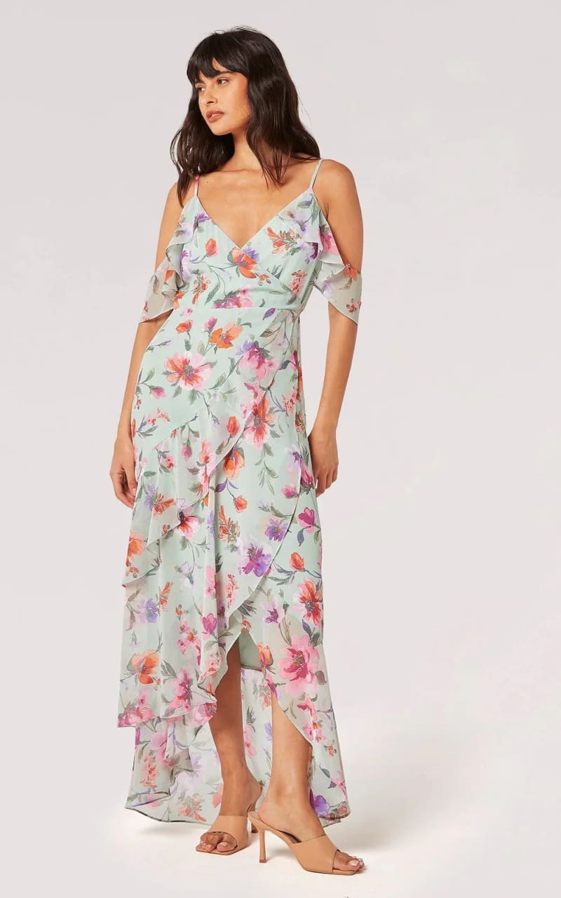 Apricot - Watercolour Floral Off Shoulder Gown Dresses