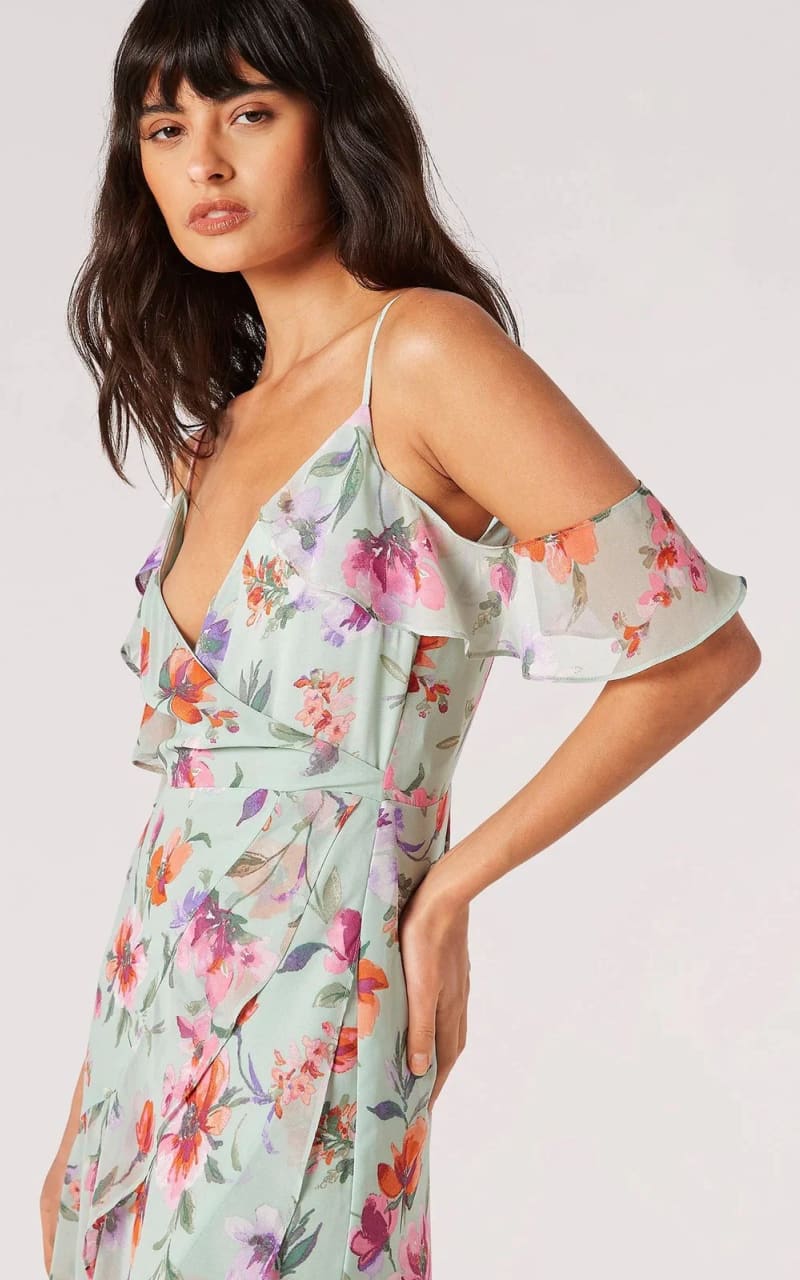 Apricot - Watercolour Floral Off Shoulder Gown Dresses