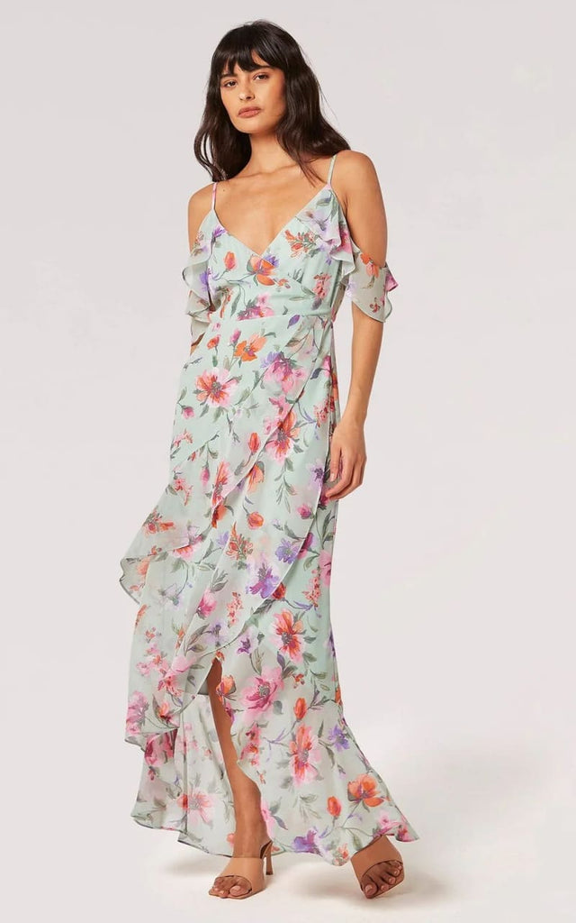 Apricot - Watercolour Floral Off Shoulder Gown Dresses