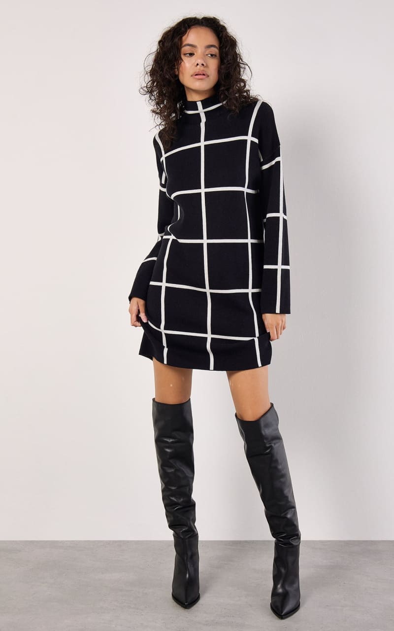 Apricot - Window Check Knitted Mini Dress - Black / XS