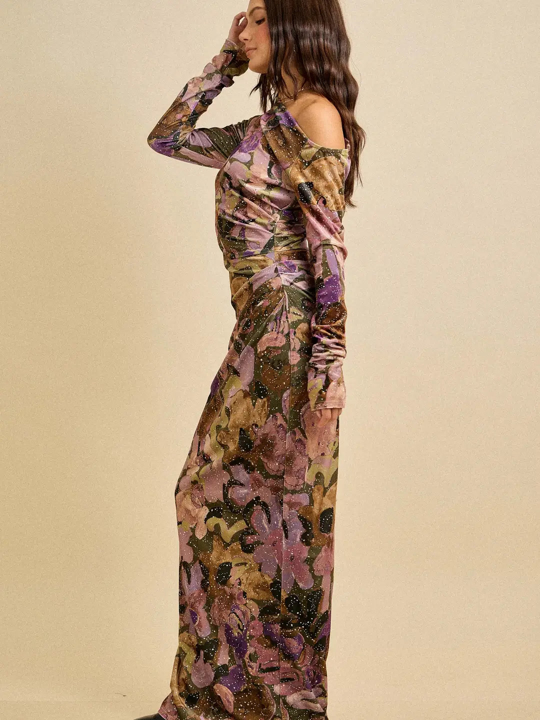 Skylar Rose- One Shoulder Velvet Glitter Holiday Maxi Dress in Olive Combo