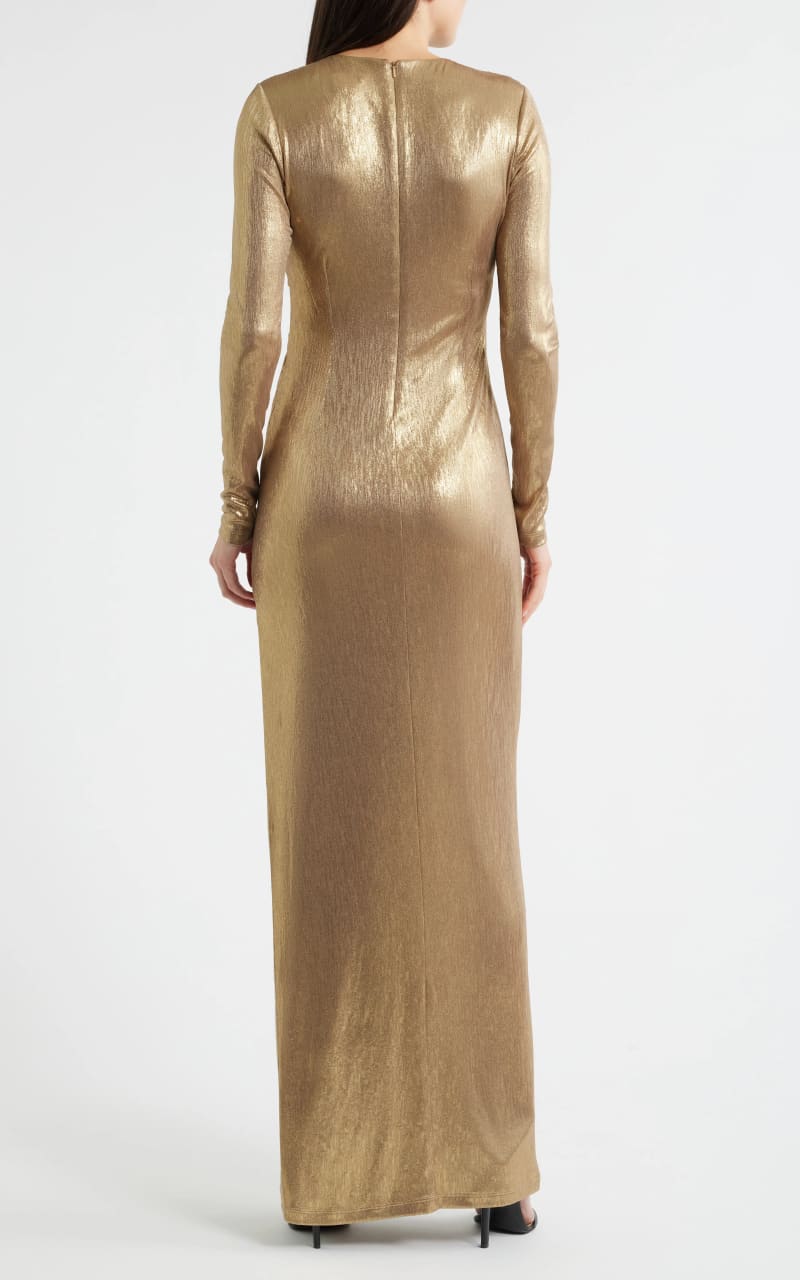 Black Halo- Marika Metallic Draped Long Sleeve Gown
