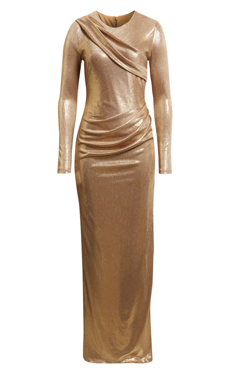 Black Halo- Marika Metallic Draped Long Sleeve Gown