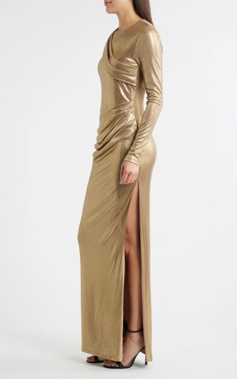 Black Halo- Marika Metallic Draped Long Sleeve Gown