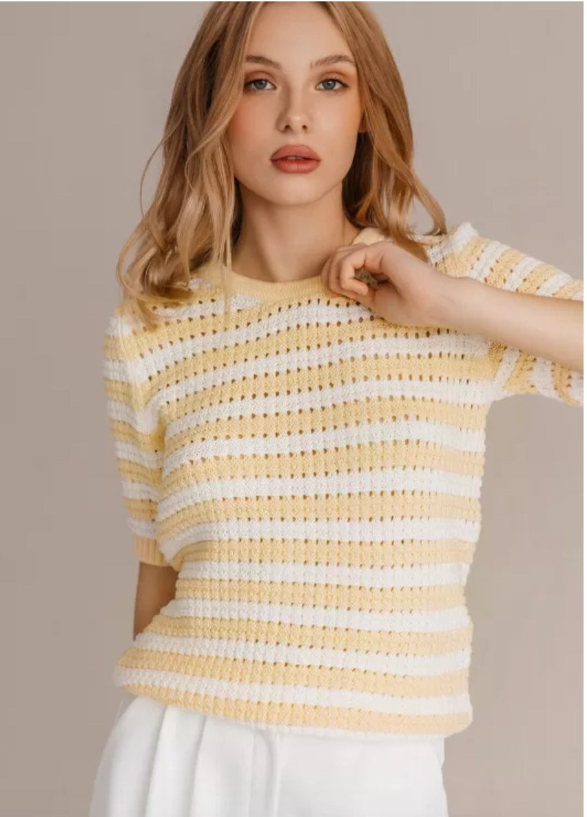 25 UNION- Openwork Stripes Knitted T-Shirt in Yellow