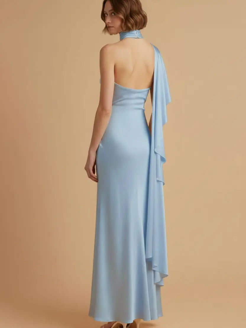 Skylar Rose- One Shoulder Satin Jersey Maxi Dress in Light Blue