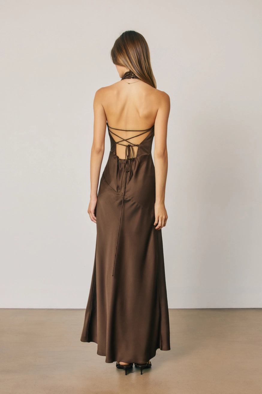 Dress Forum - Satin Draped Halter Neck Maxi Dress in Espresso