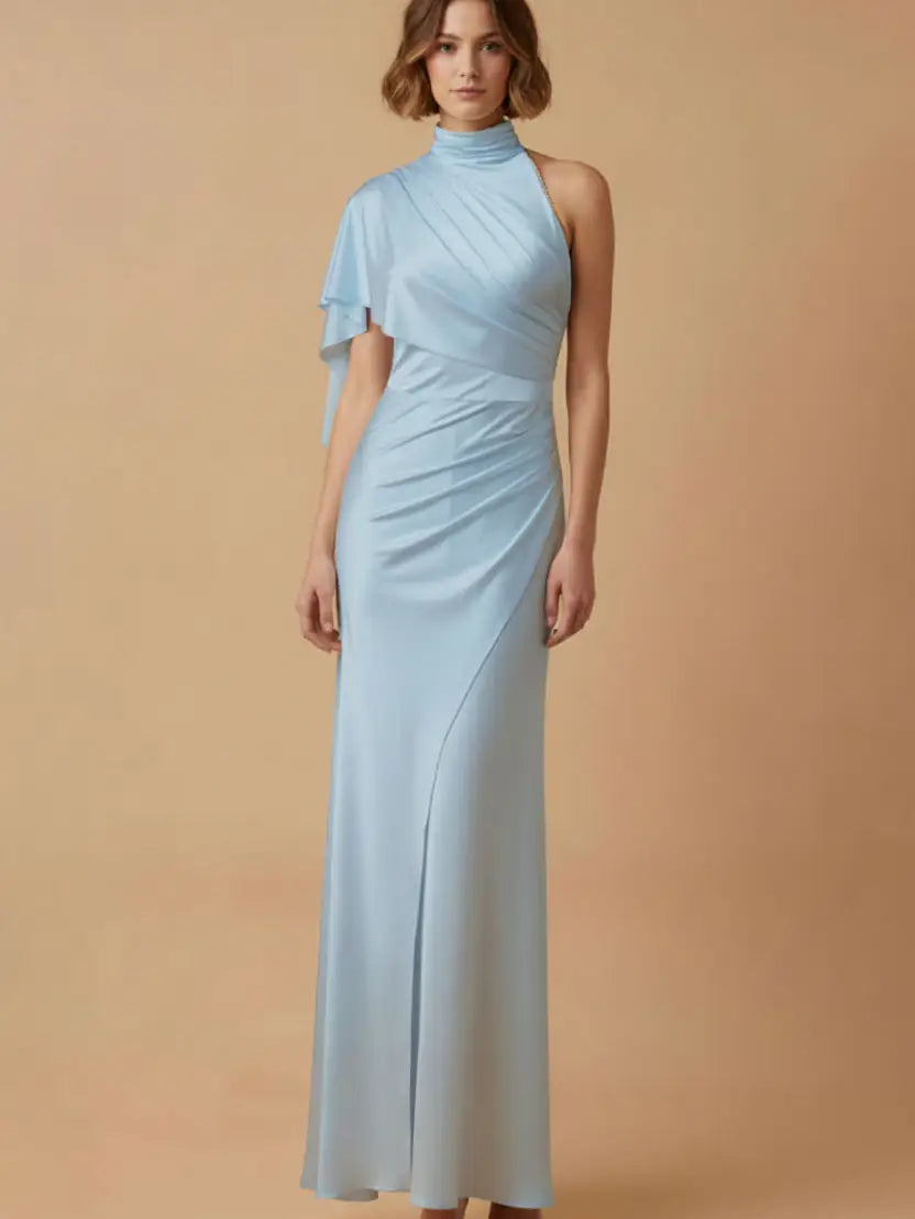 Skylar Rose- One Shoulder Satin Jersey Maxi Dress in Light Blue