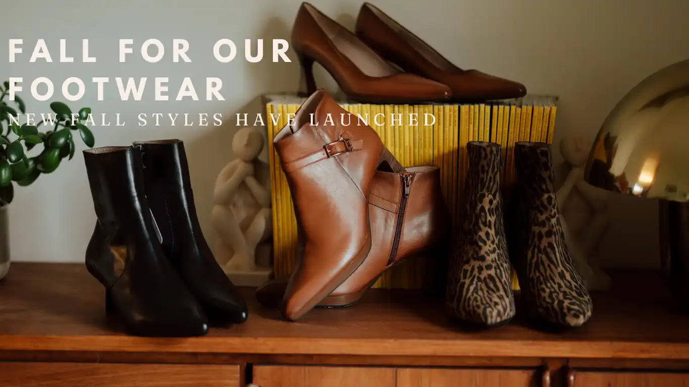 A collection of women’s fall footwear including heels, ankle boots, and patterned booties.