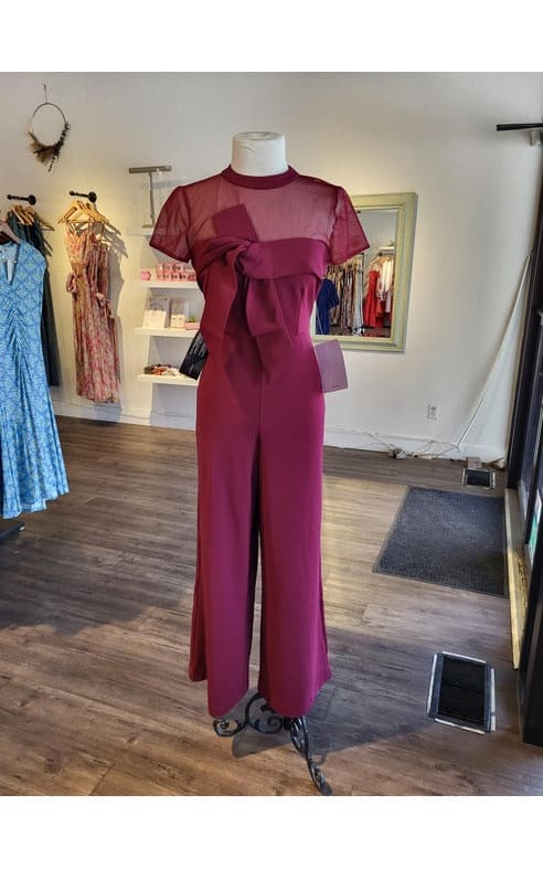 JS Collections - Crepe Bow Jumpsuit in Deep Red - Jumpsuits