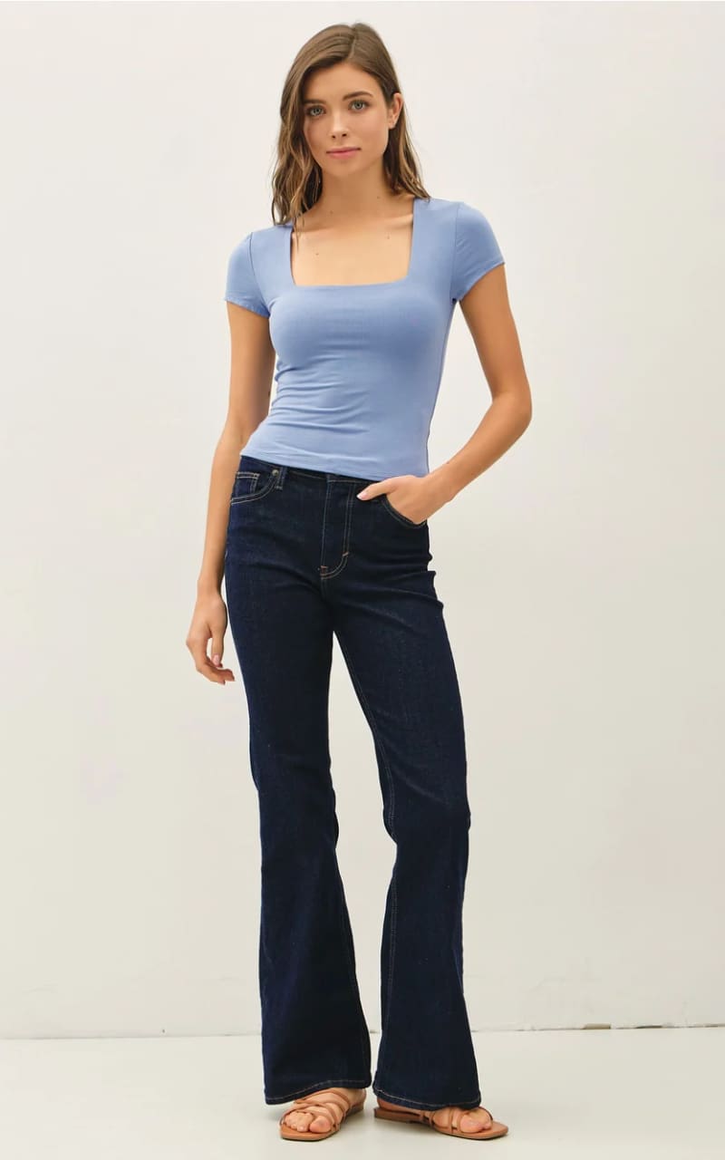 Be Cool - Square Neck Knit Tee in Denim Blue - T-SHIRT &
