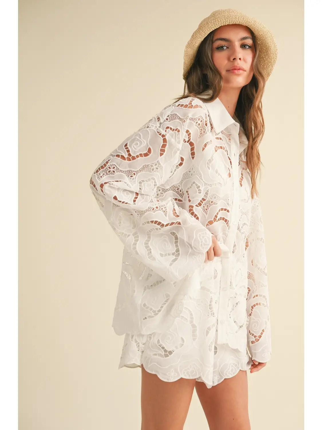 Miou Muse- Floral Eyelet Pattern Blouse