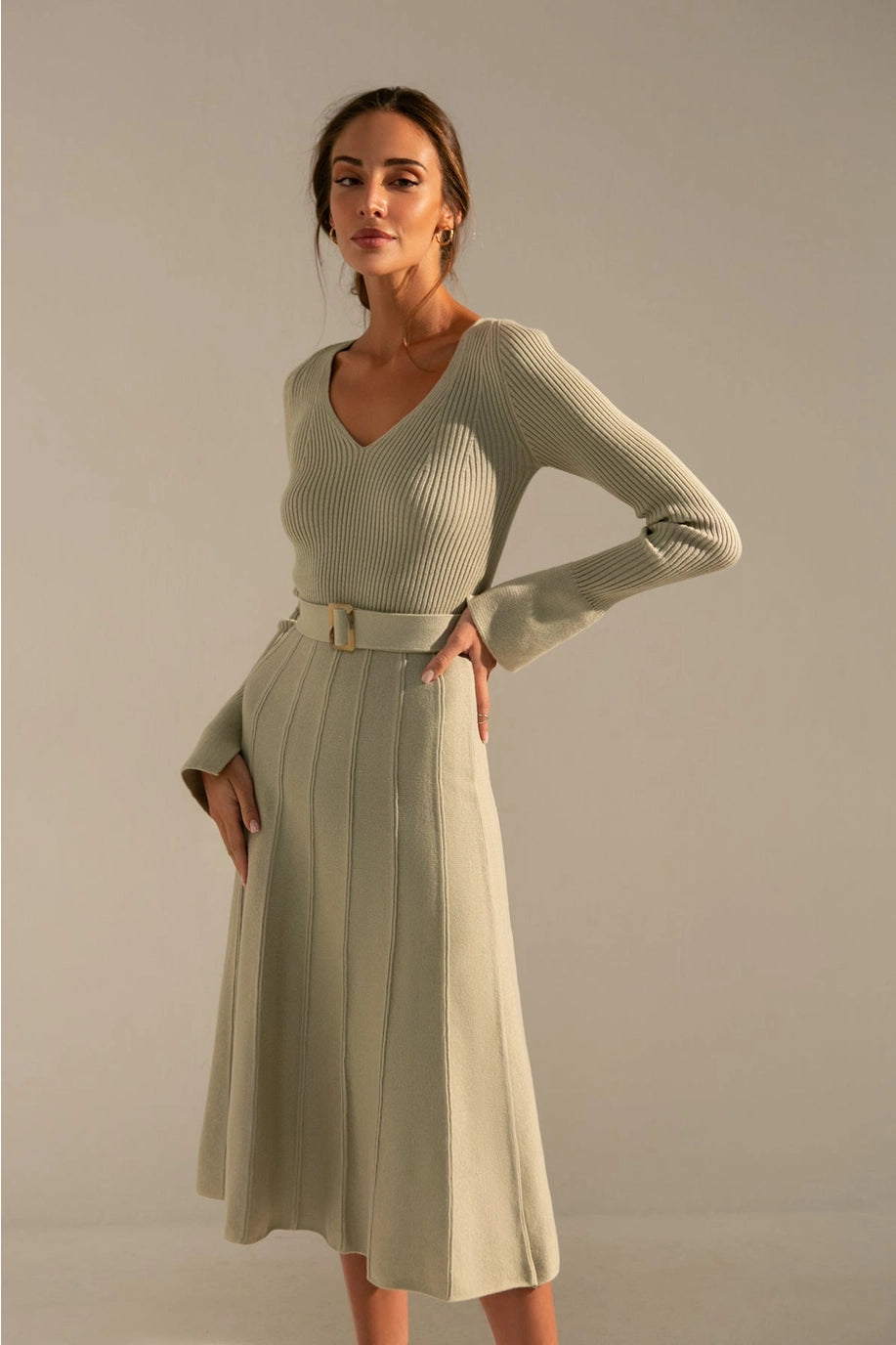 25 UNION- Stephanie Knitted Belted V-neck Midi Dress in Olive