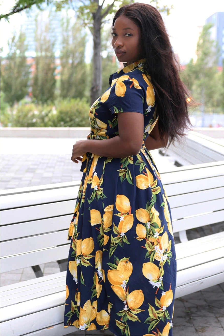 Annick- Galia Midi Lemon Shirt Dress in Navy
