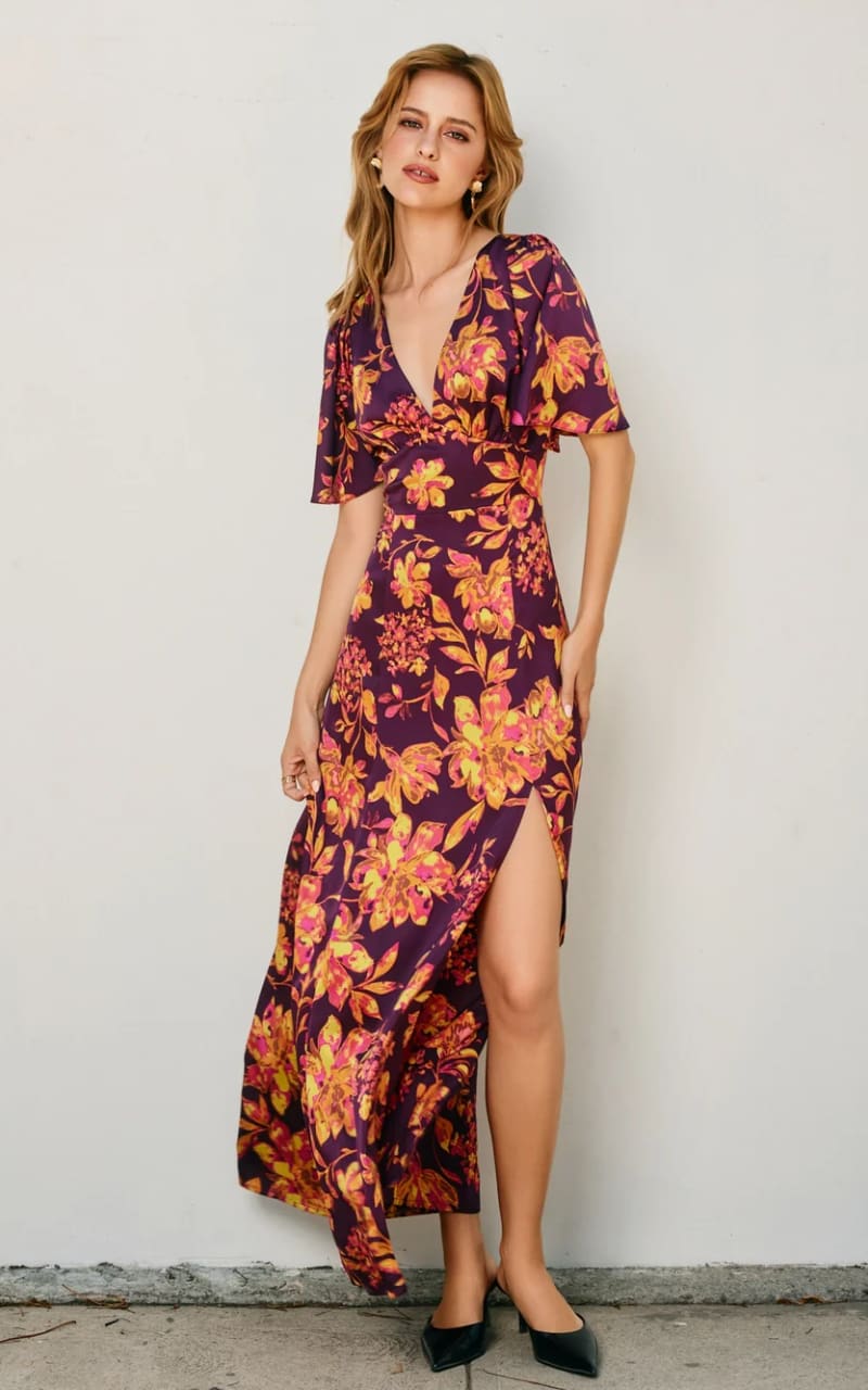 Dress Forum - Crimson Horizon Flutter Sleeve Plunging Maxi