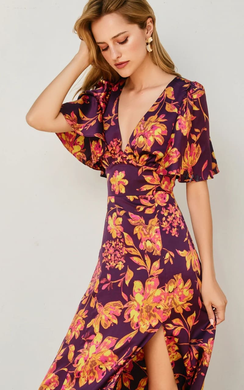 Dress Forum - Crimson Horizon Flutter Sleeve Plunging Maxi