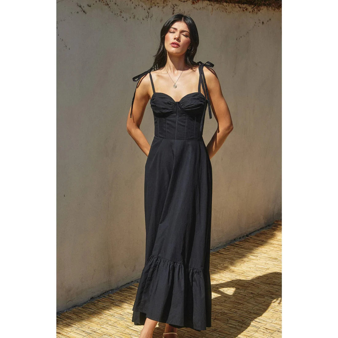 Dress Forum - Cotton Ruched Corset Maxi Dress in Black