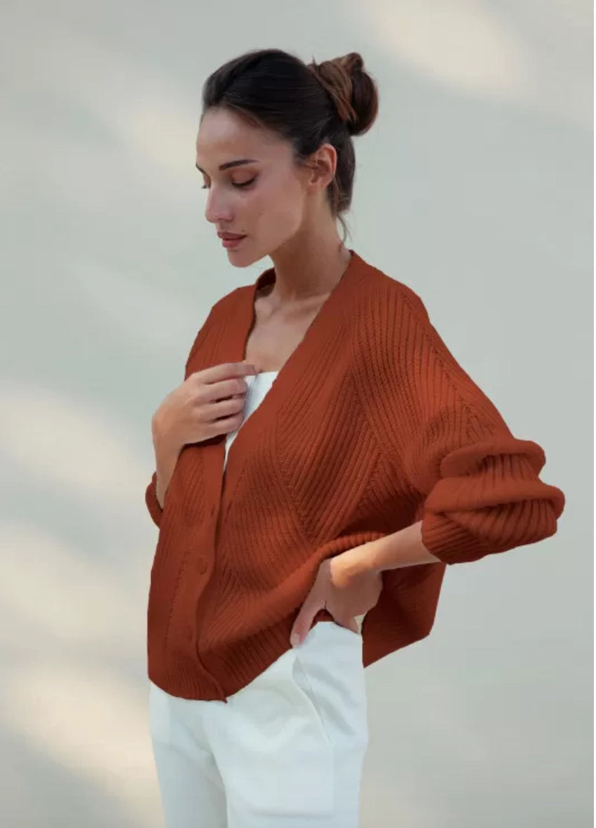 25 UNION- Rich Textured V-Neck Cardigan Geometria in Terracotta