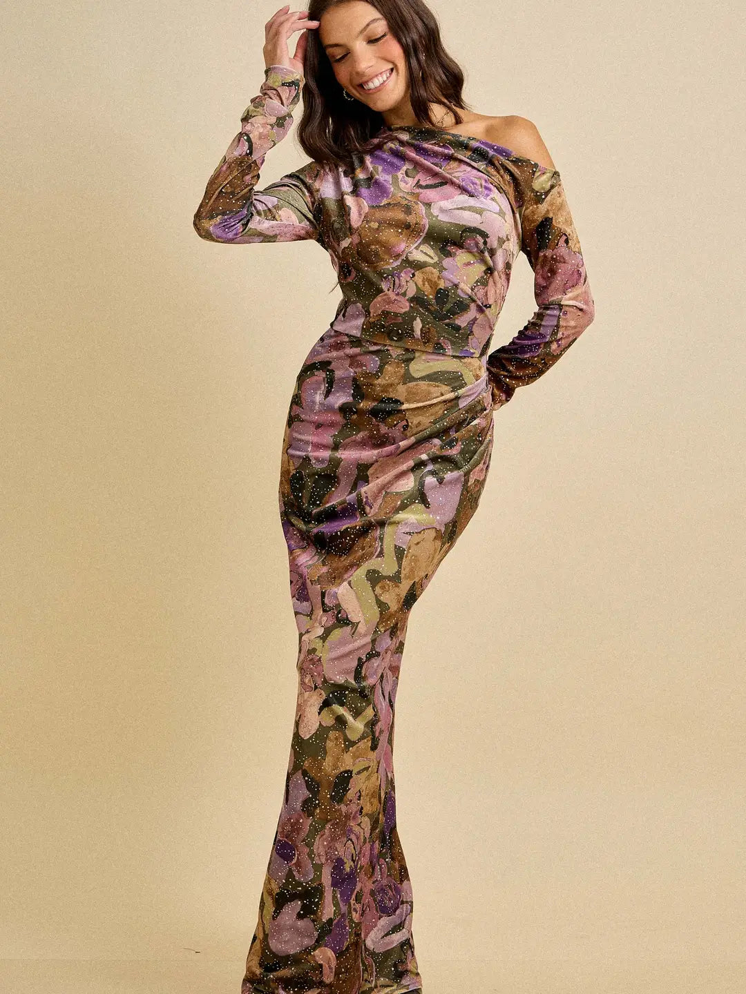 Skylar Rose- One Shoulder Velvet Glitter Holiday Maxi Dress in Olive Combo