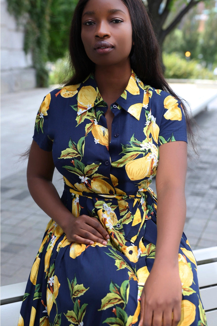 Annick- Galia Midi Lemon Shirt Dress in Navy