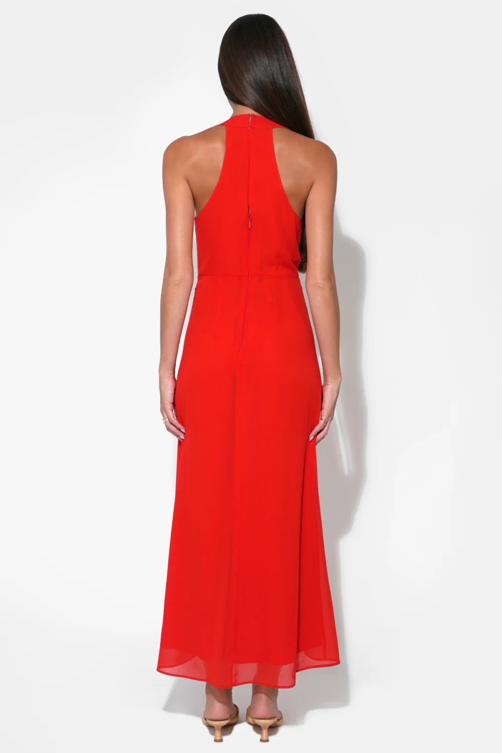 Adelyn Rae- Jessika Halter Midi Dress in Red Orange