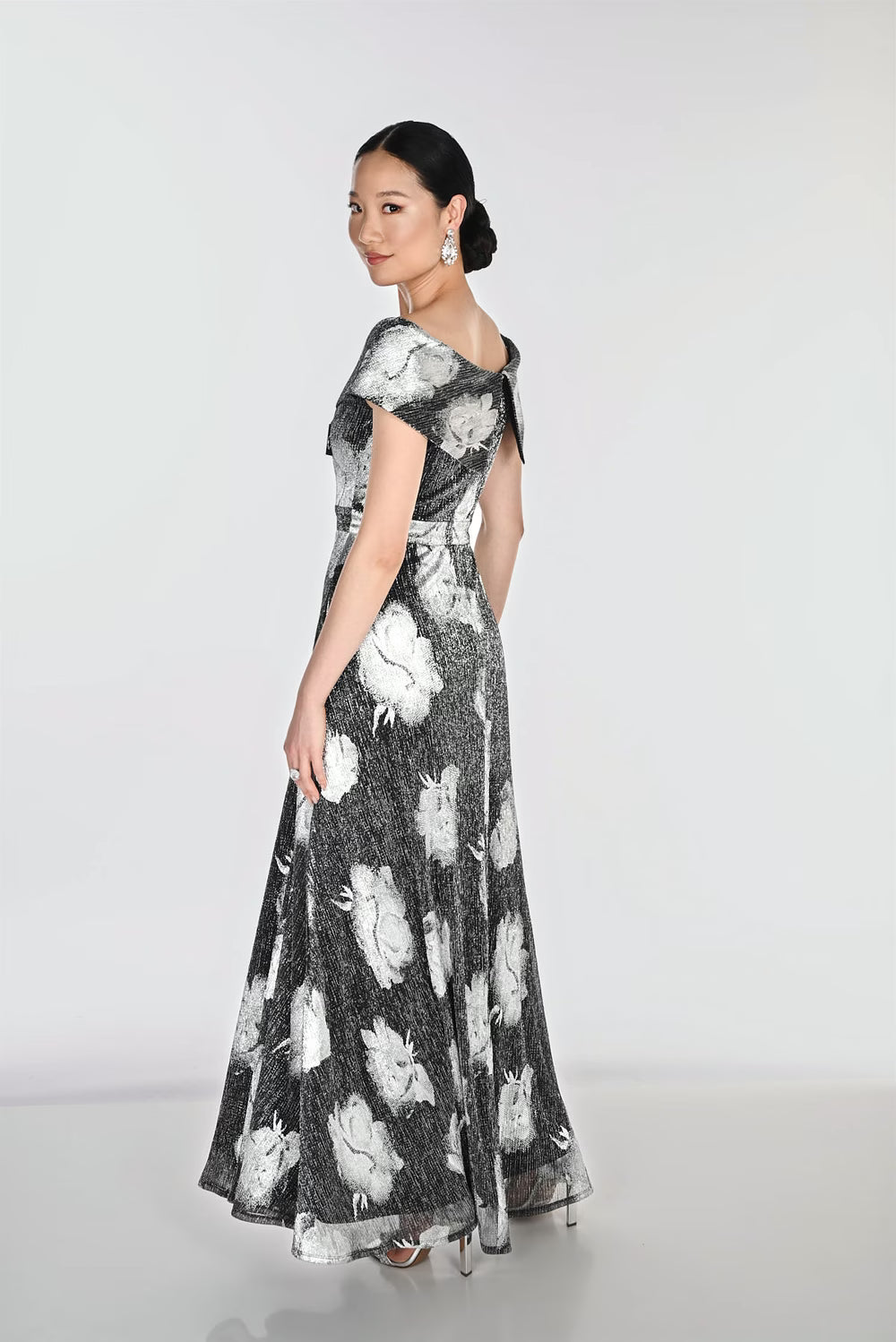 Frank Lyman- Floral Maxi Wrap Dress in Black and Silver