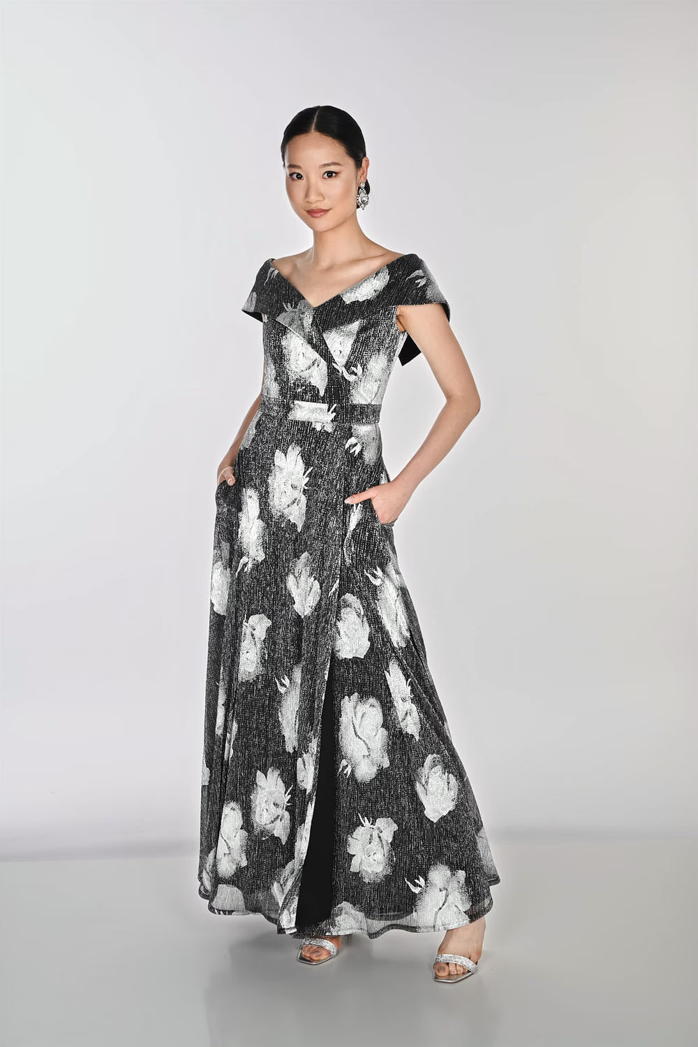 Frank Lyman- Floral Maxi Wrap Dress in Black and Silver
