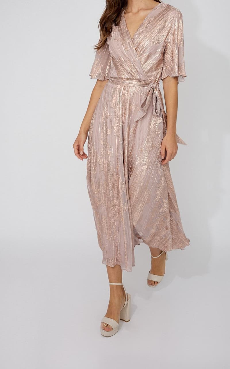 Frank Lyman- Faux Wrap Midi Dress in Lychee - DRESS