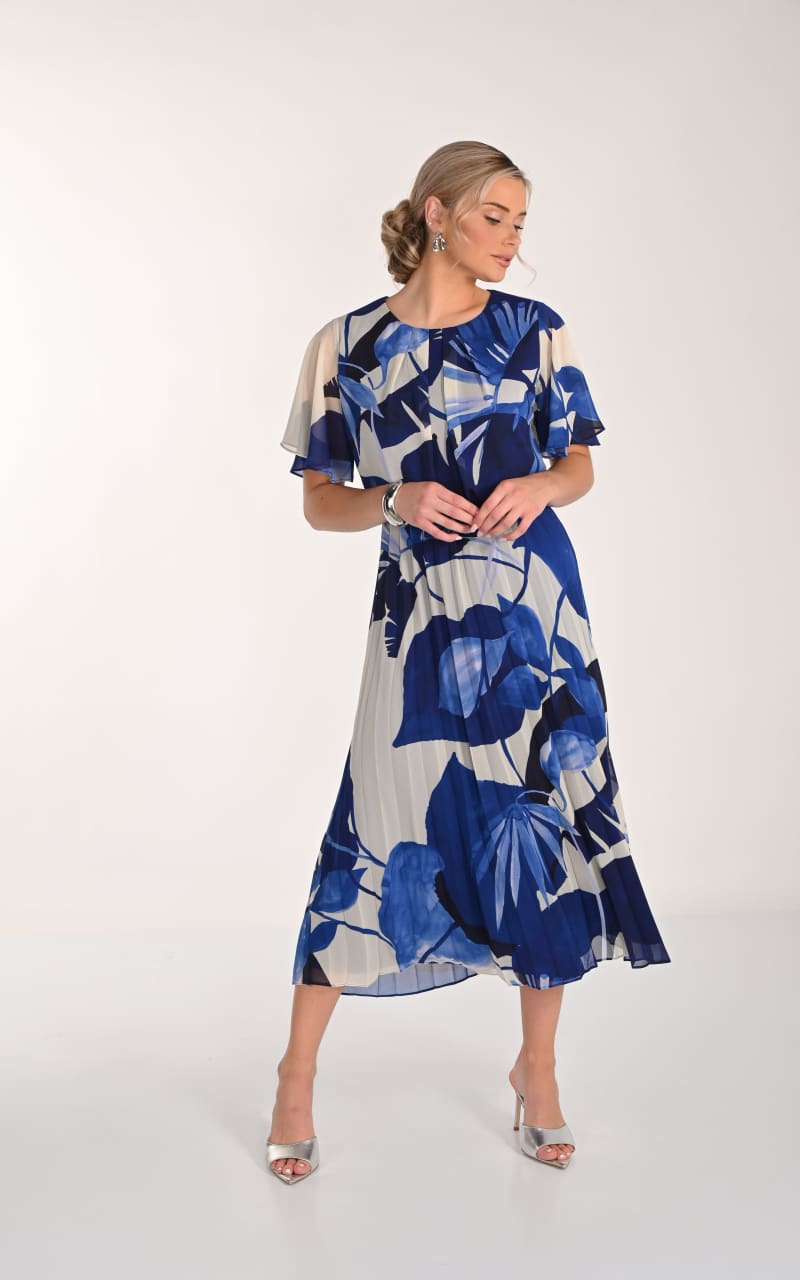 Frank Lyman- Floral A-Line Midi Dress in Cream/Ultra Blue