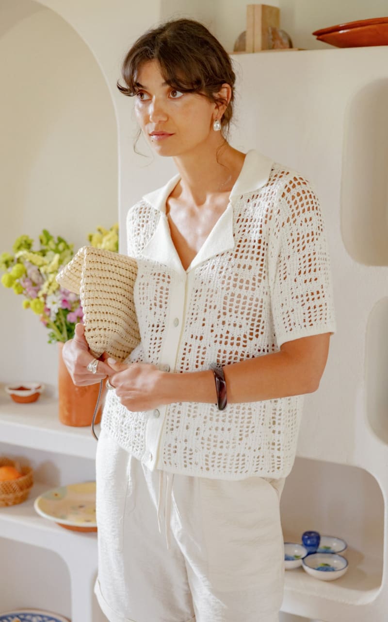 Fransa- Raven Crochet Cardigan in Whisper White - Blouses &