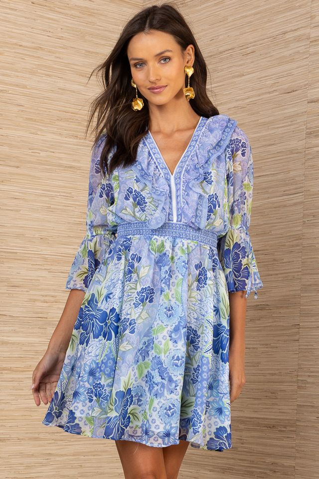 Hale Bob- Tara V-Neck Mini Dress in Blue | floc boutique Hale Bob- Tara V-Neck Mini Dress in Blue | floc boutique