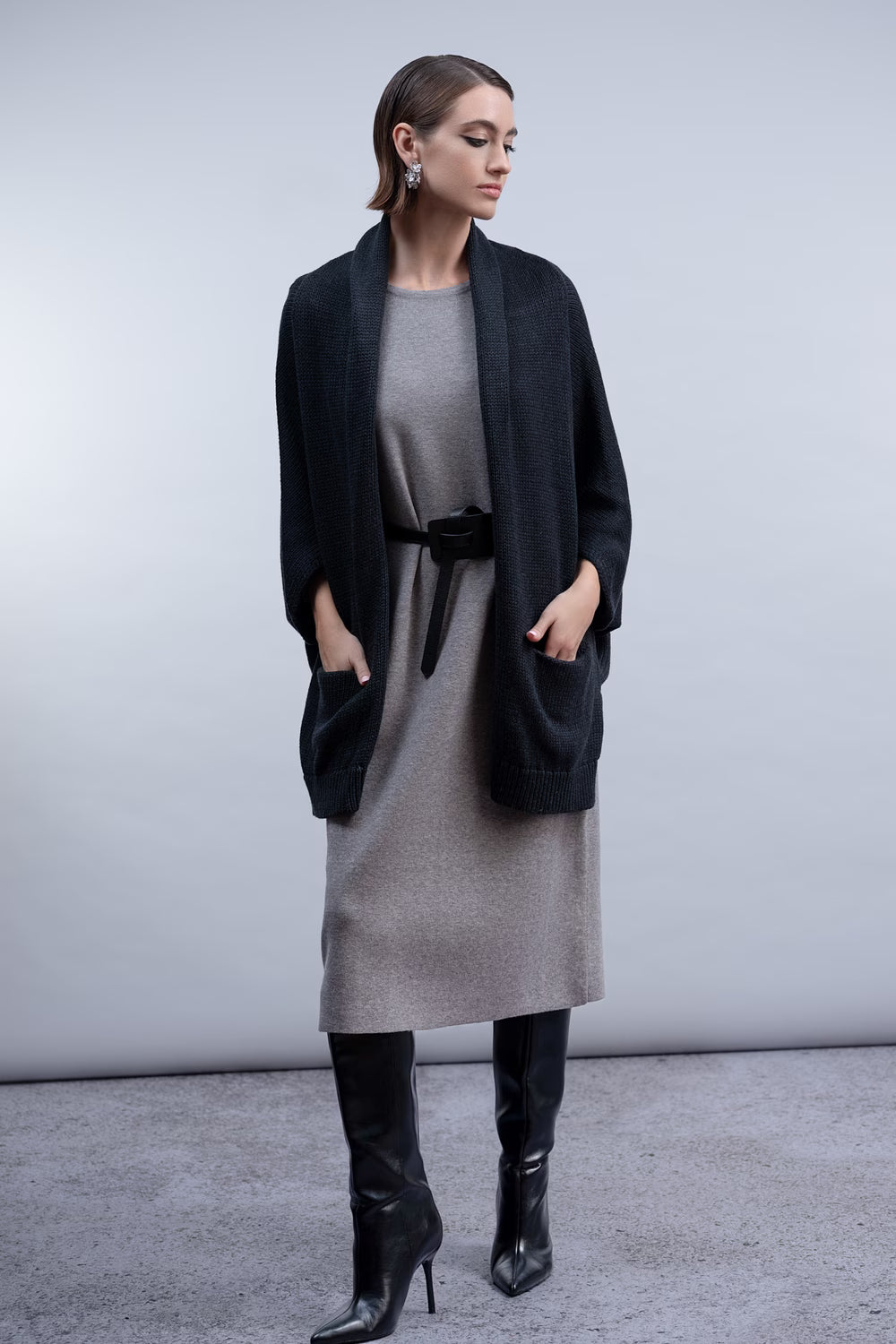 HAAKŌ- Open-Front Relaxed Fit Cardigan in Charcoal