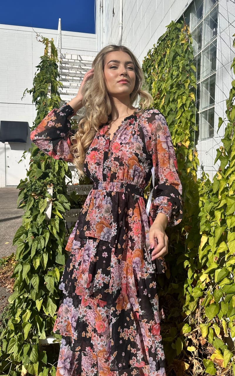 Hale Bob- Tiered Chiffon High Low Maxi Dress in Black