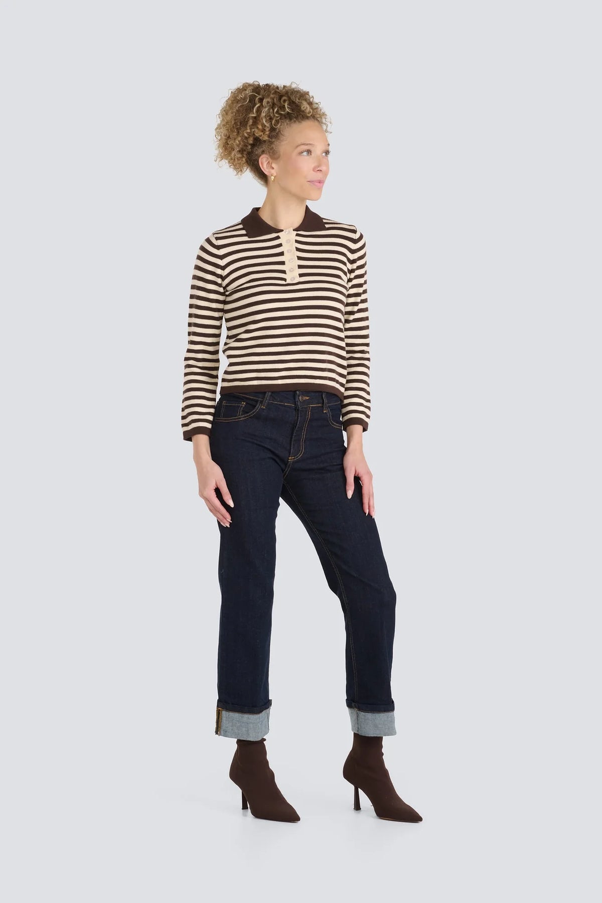 Jessica Laura- Striped Polo Sweater in Brown