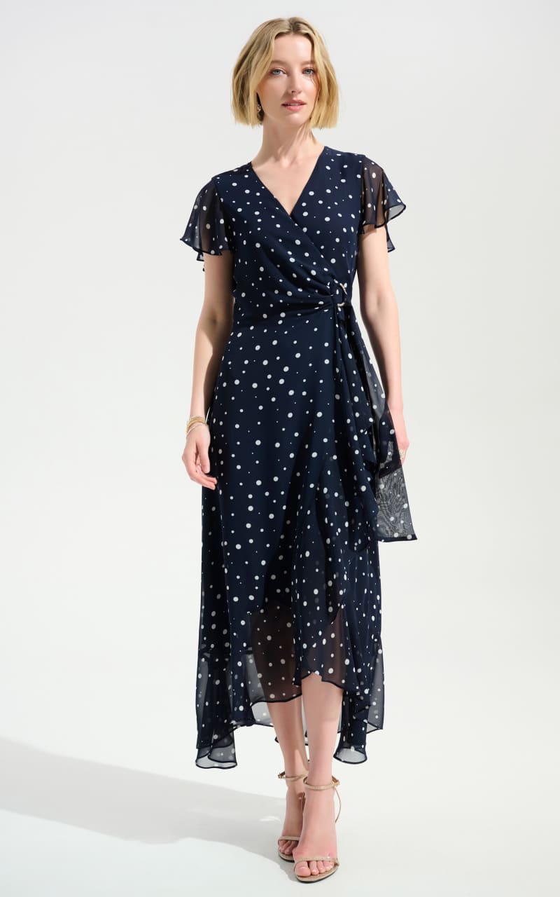 Joseph Ribkoff- Chiffon Print Wrap Dress With Ruffle Detail