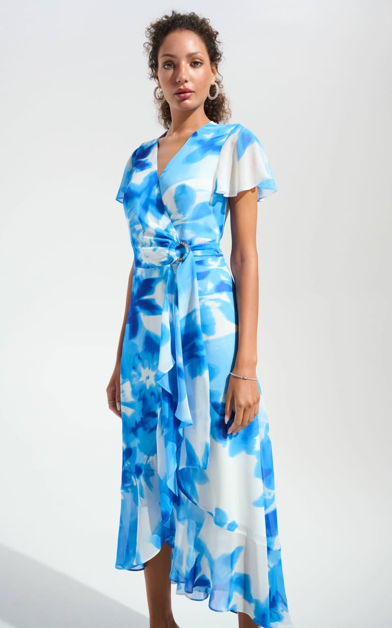 Joseph Ribkoff- Chiffon Print Wrap Dress With Ruffle Detail