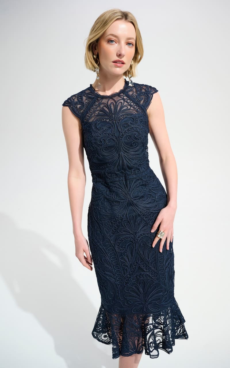 Joseph Ribkoff- Floral Knee-length Dress in Midnight Blue