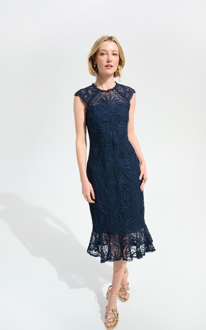 Joseph Ribkoff- Floral Knee-length Dress in Midnight Blue