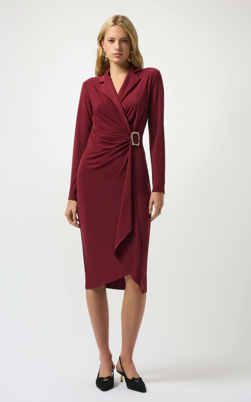 Joseph Ribkoff- Moss Crepe Wrap Dress in Merlot - DRESS