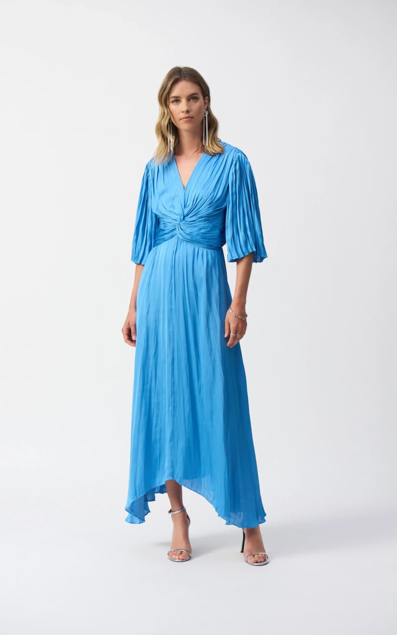 Joseph Ribkoff - Pleated Satin Midi Dress in Costal Blue