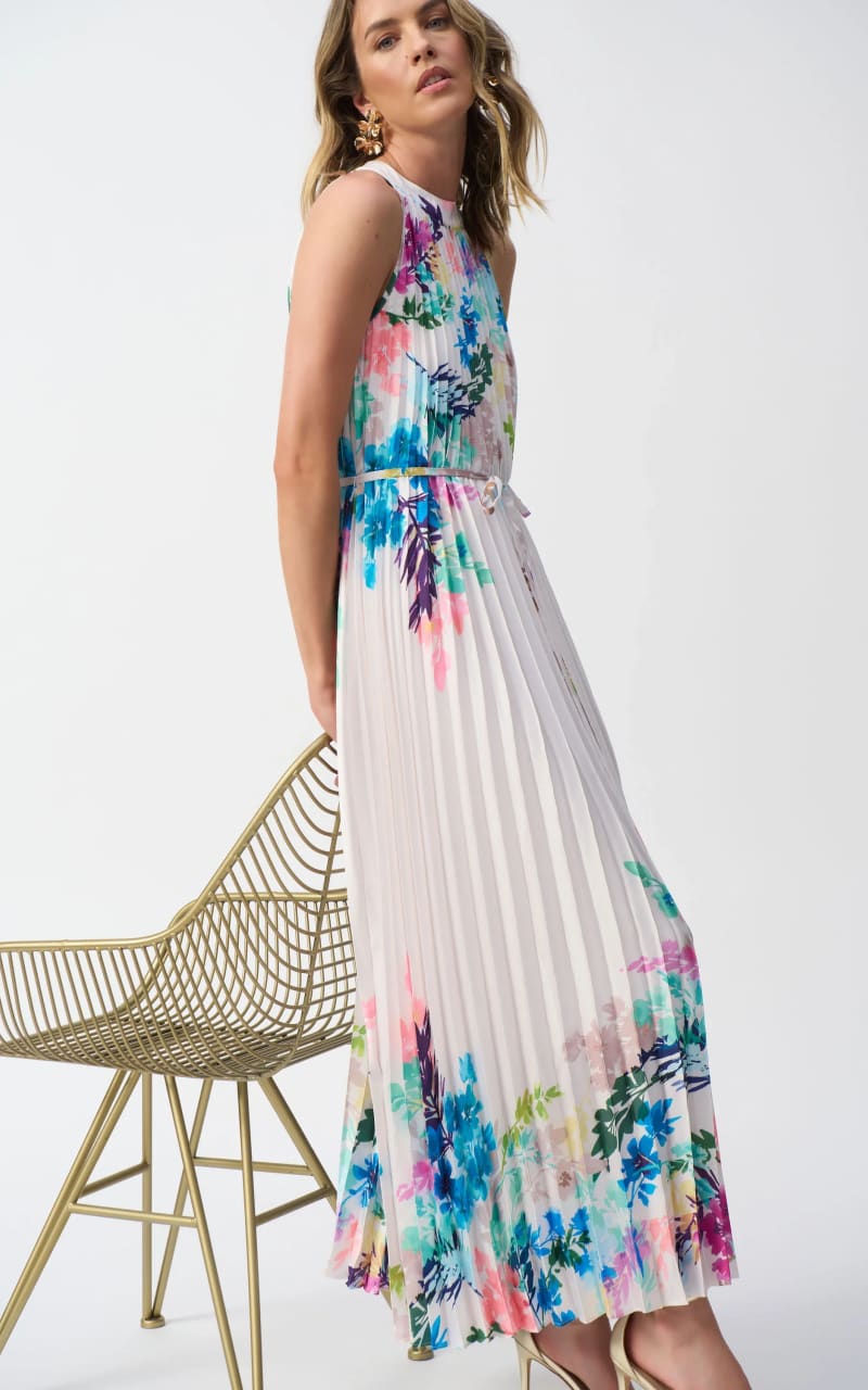 Joseph Ribkoff- Pleated Satin Floral Print Maxi Dress