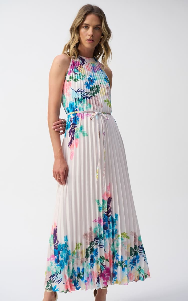 Joseph Ribkoff- Pleated Satin Floral Print Maxi Dress